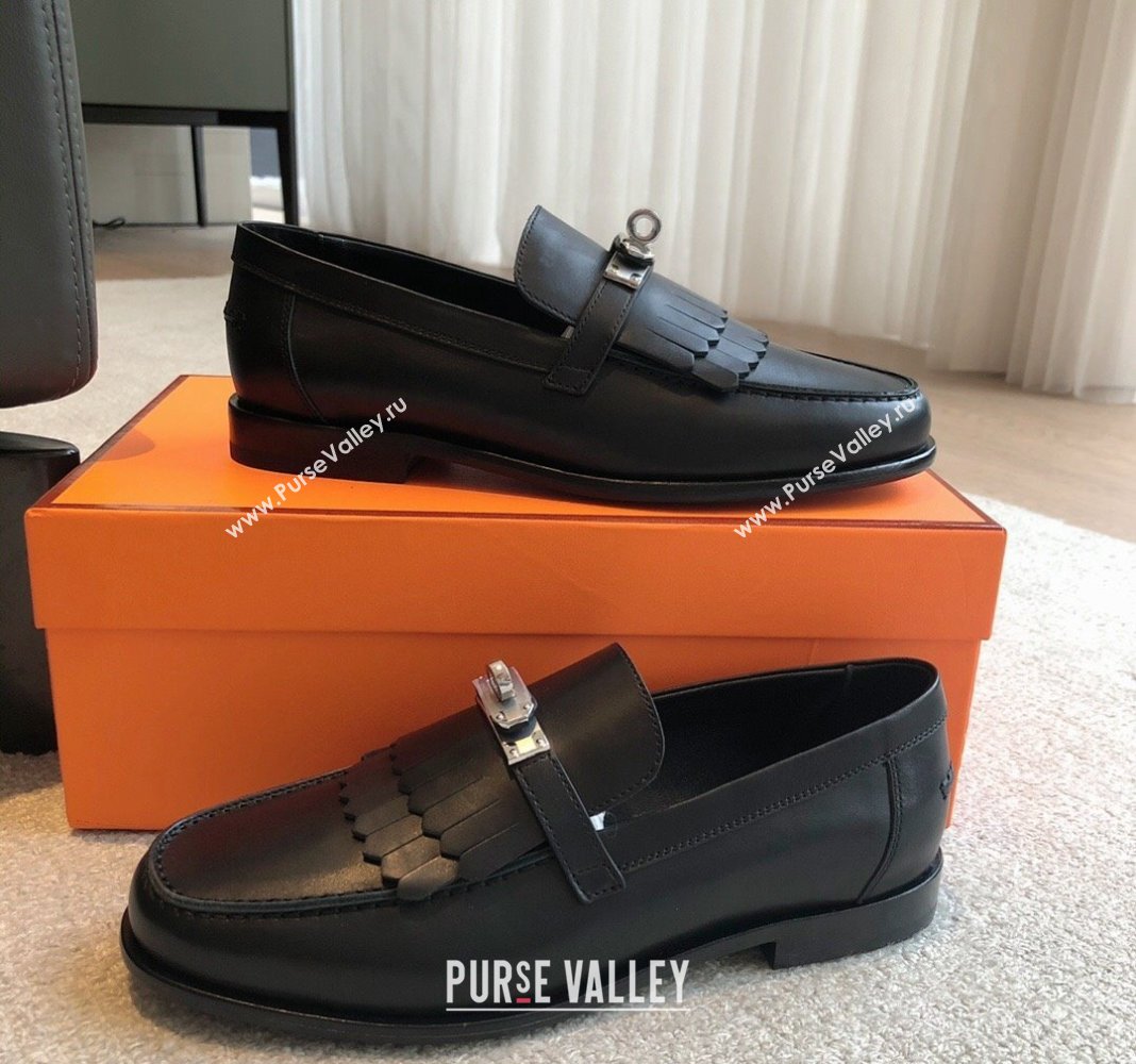 Hermes Destin Loafers in Fringed Calfskin with Kelly Buckle Black/Silver 2024 0226 (XC-240226088)