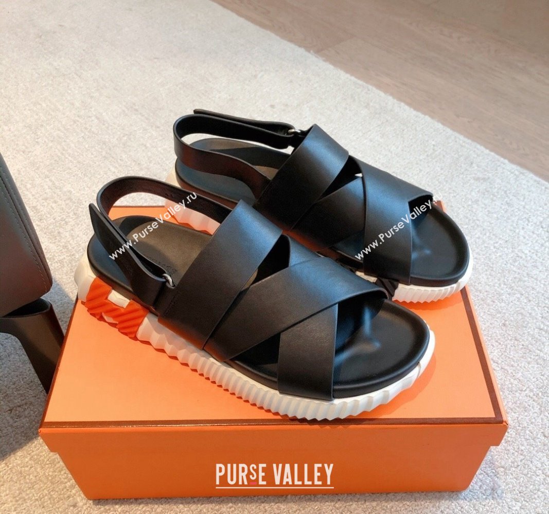 Hermes Electric Sandals in Calfskin Leather Black/Orange 2024 (MD-240326113)