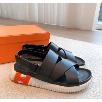 Hermes Electric Sandals in Calfskin Leather Black/Orange 2024 (MD-240326113)