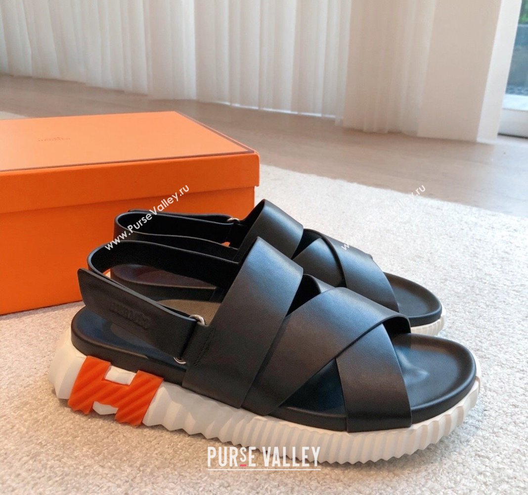 Hermes Electric Sandals in Calfskin Leather Black/Orange 2024 (MD-240326113)