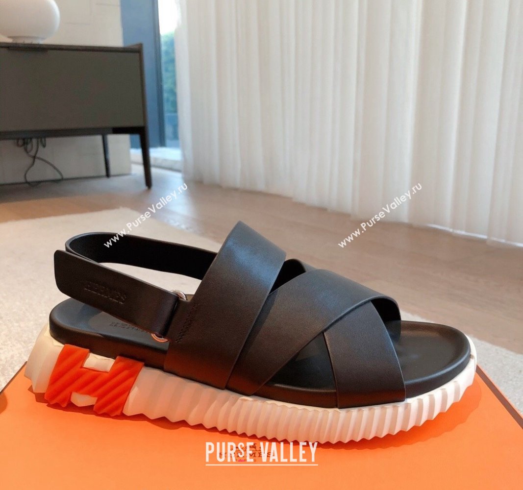 Hermes Electric Sandals in Calfskin Leather Black/Orange 2024 (MD-240326113)