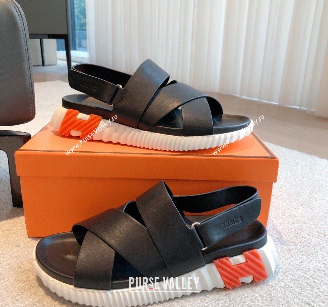 Hermes Electric Sandals in Calfskin Leather Black/Orange 2024 (MD-240326113)