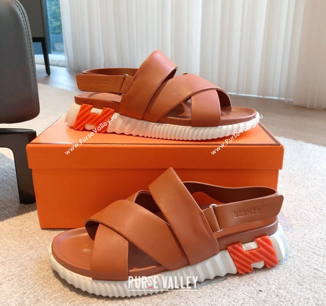 Hermes Electric Sandals in Calfskin Leather Brown/Orange 2024 (MD-240326116)