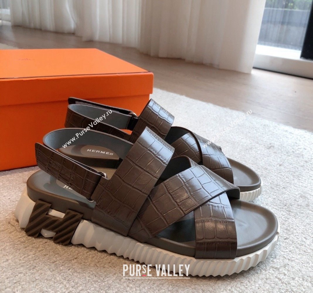 Hermes Electric Sandals in Stone Embossed Calfskin Grey 2024 (MD-240326096)