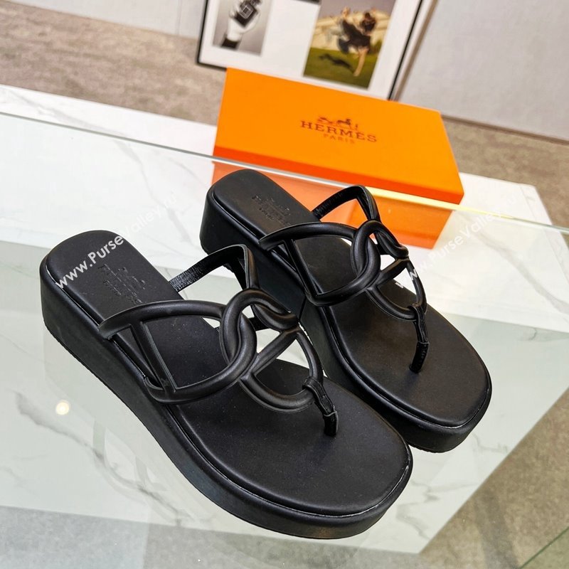 Hermes Egerie Wedge Thong Slide Sandals in Nappa Calfskin Black 2024 0326 (GDX-240326122)