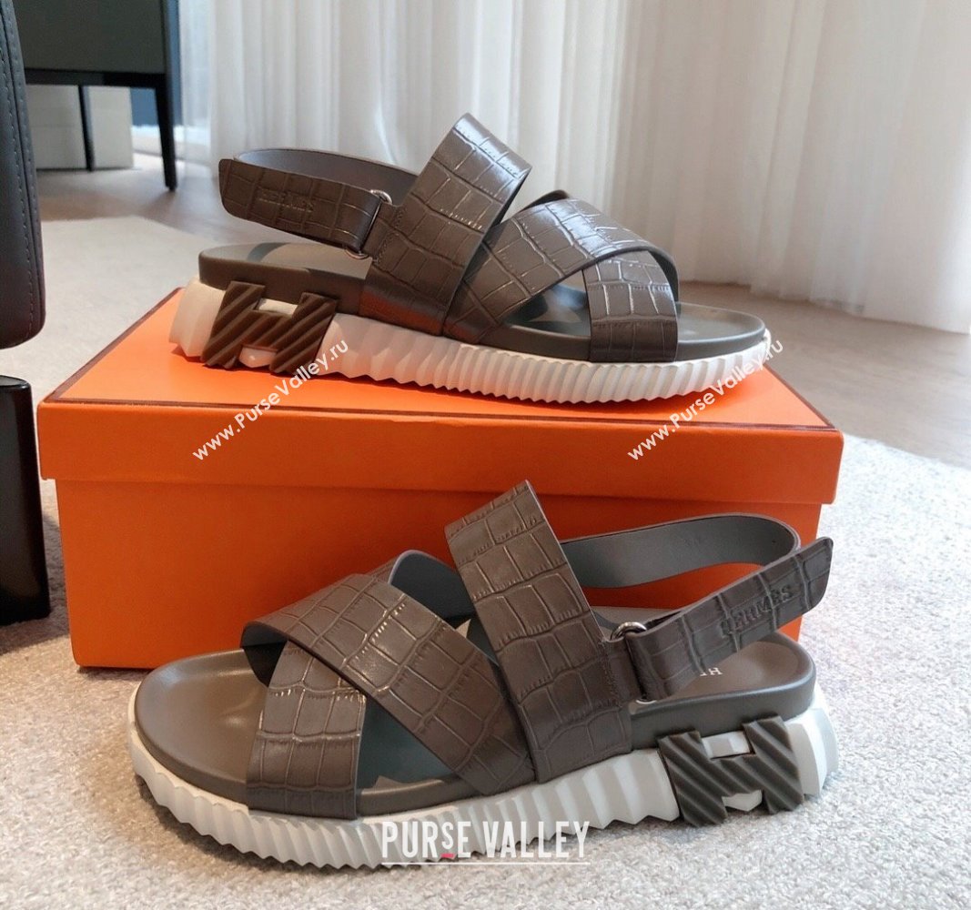 Hermes Electric Sandals in Stone Embossed Calfskin Grey 2024 (MD-240326096)