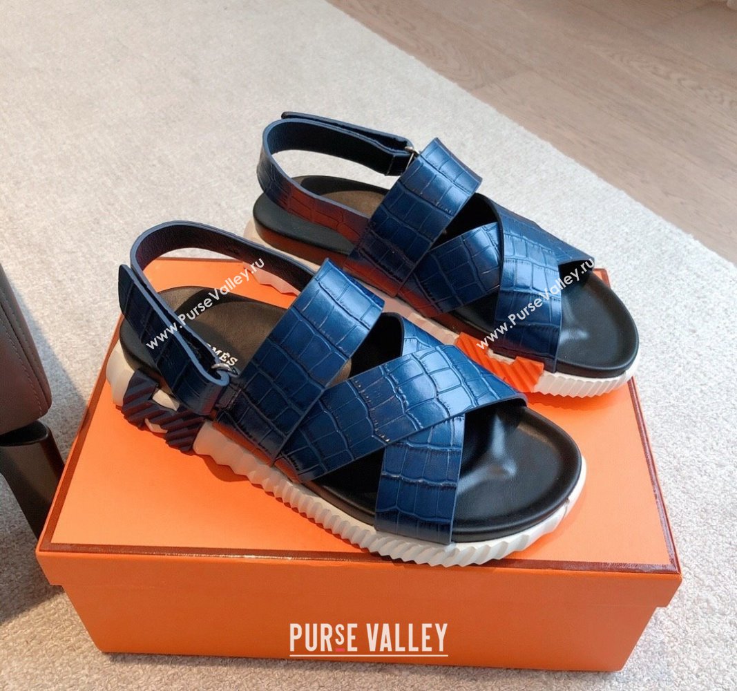 Hermes Electric Sandals in Stone Embossed Calfskin Navy Blue 2024 (MD-240326097)