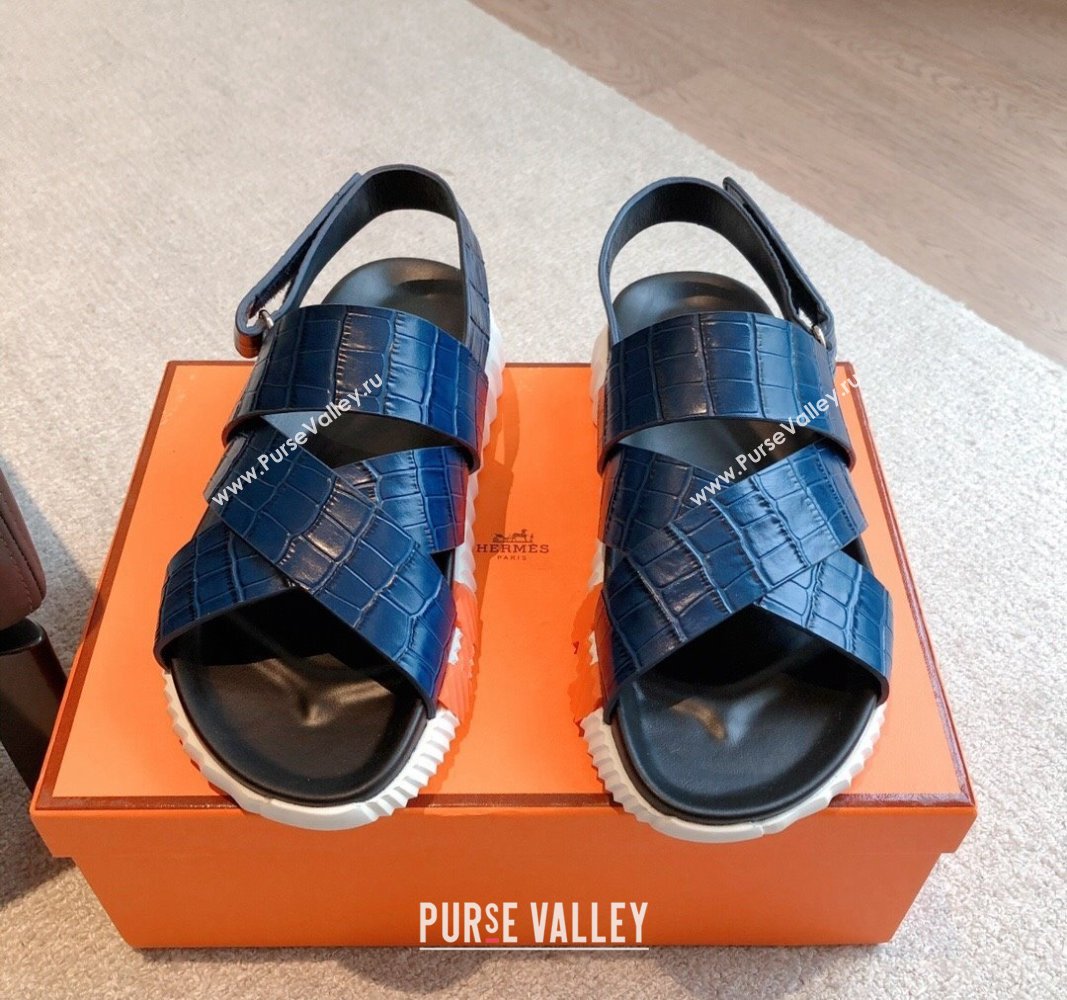 Hermes Electric Sandals in Stone Embossed Calfskin Navy Blue 2024 (MD-240326097)