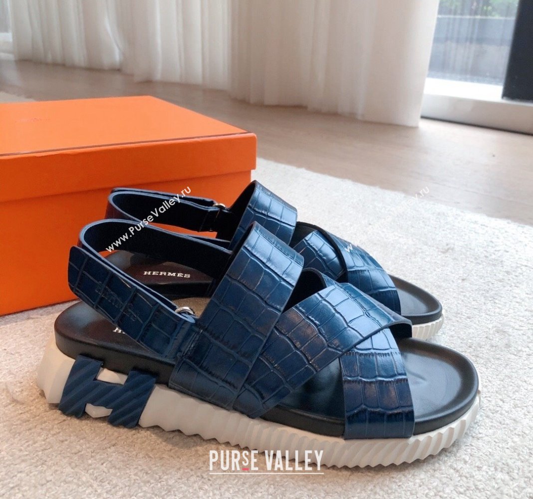 Hermes Electric Sandals in Stone Embossed Calfskin Navy Blue 2024 (MD-240326097)