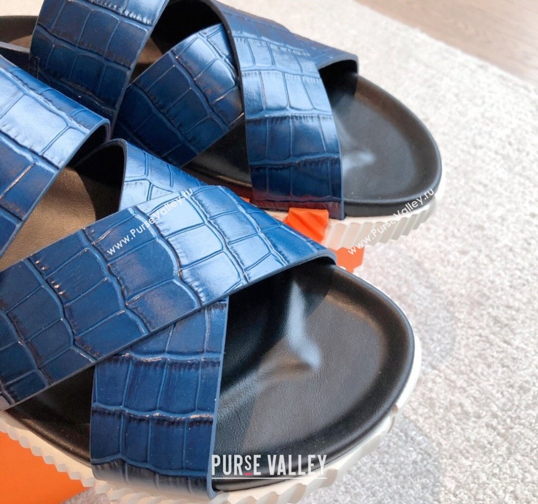 Hermes Electric Sandals in Stone Embossed Calfskin Navy Blue 2024 (MD-240326097)