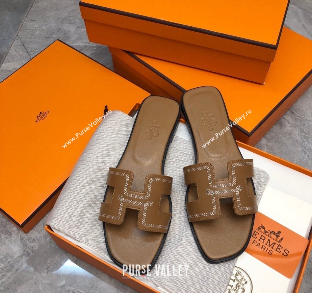 Hermes Classic Oran Flat Slide Sandals in Calfskin with Stripes Embroidery Brown 2024 (MD-240327003)