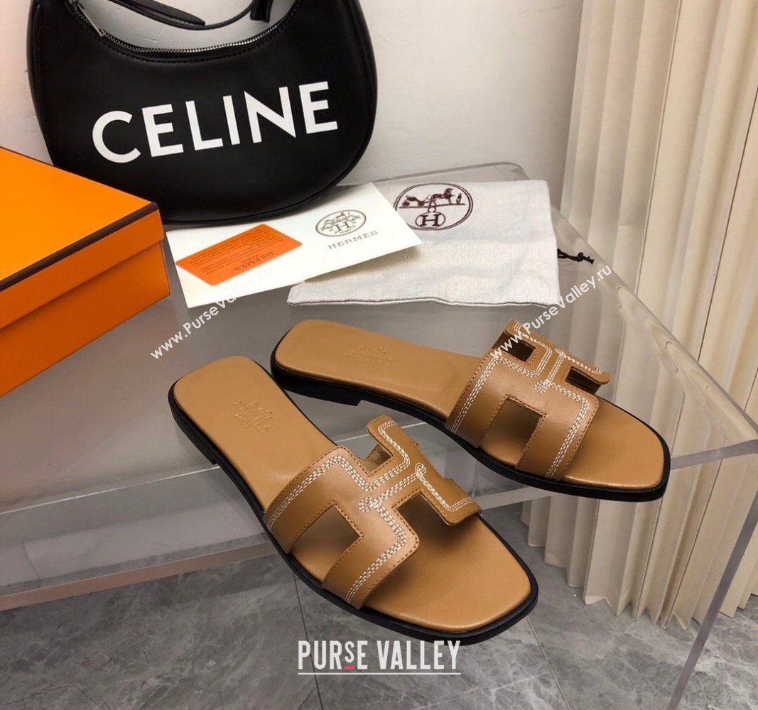 Hermes Classic Oran Flat Slide Sandals in Calfskin with Stripes Embroidery Brown 2024 (MD-240327003)