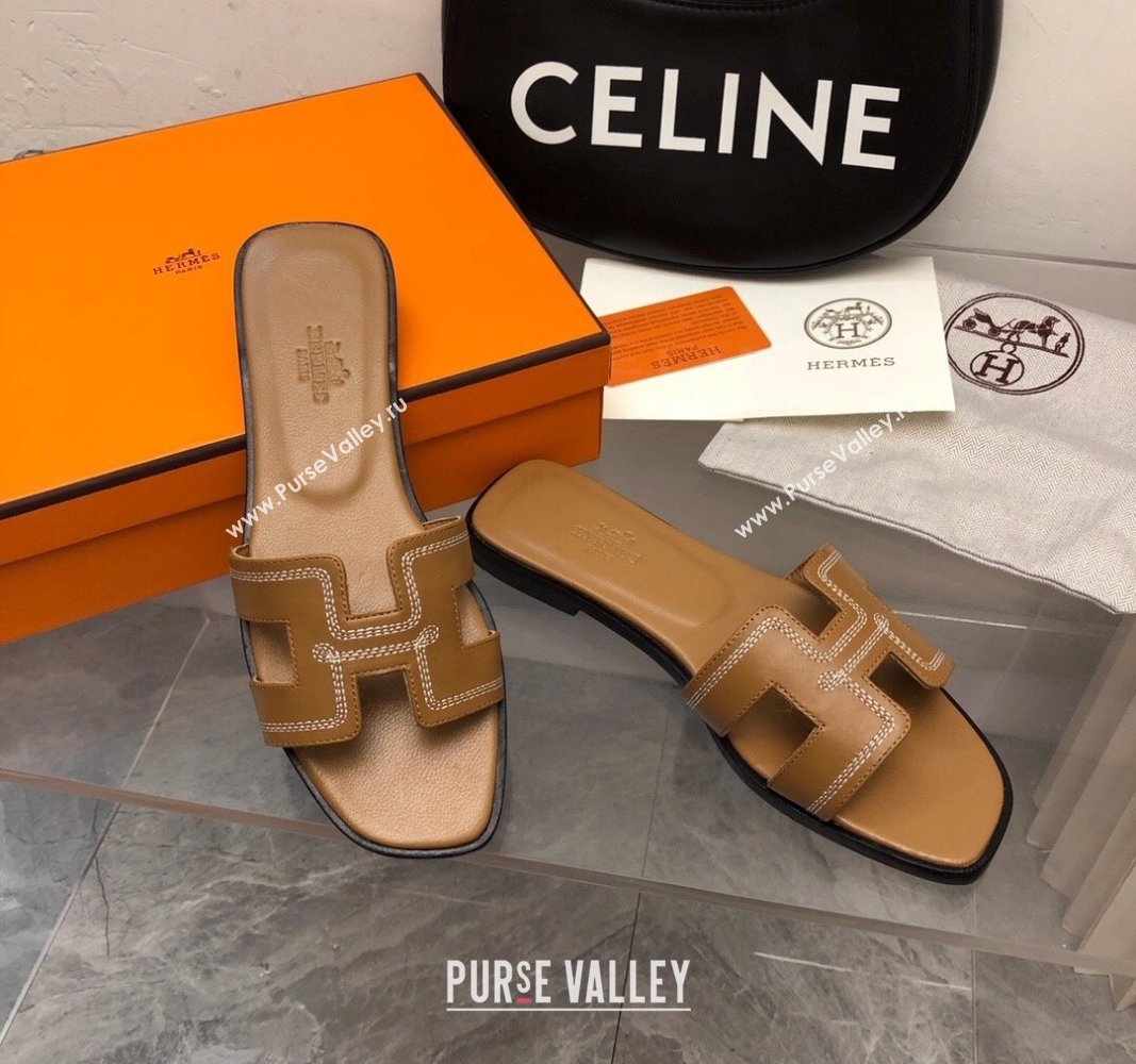 Hermes Classic Oran Flat Slide Sandals in Calfskin with Stripes Embroidery Brown 2024 (MD-240327003)