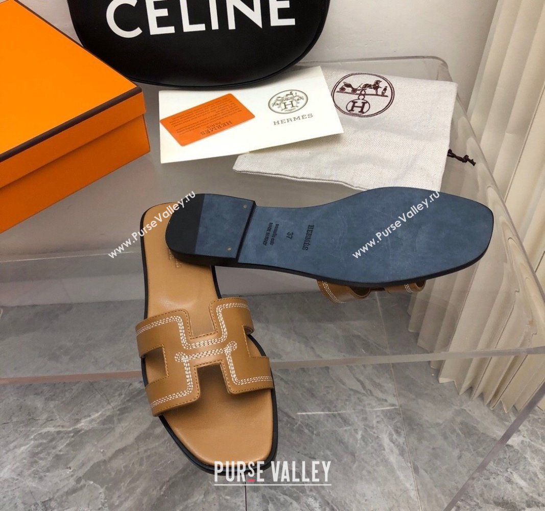 Hermes Classic Oran Flat Slide Sandals in Calfskin with Stripes Embroidery Brown 2024 (MD-240327003)