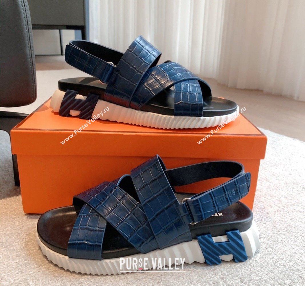 Hermes Electric Sandals in Stone Embossed Calfskin Navy Blue 2024 (MD-240326097)