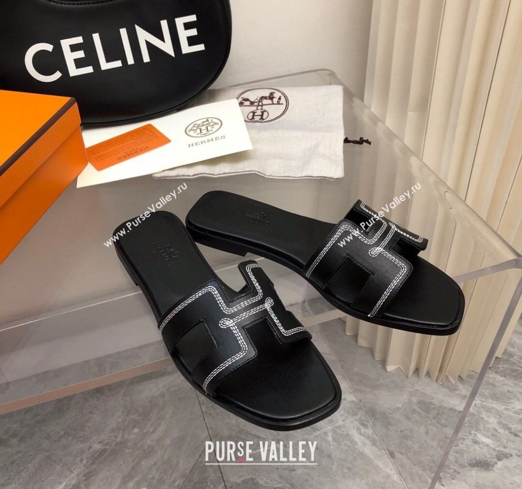 Hermes Classic Oran Flat Slide Sandals in Calfskin with Stripes Embroidery Black 2024 (MD-240327004)