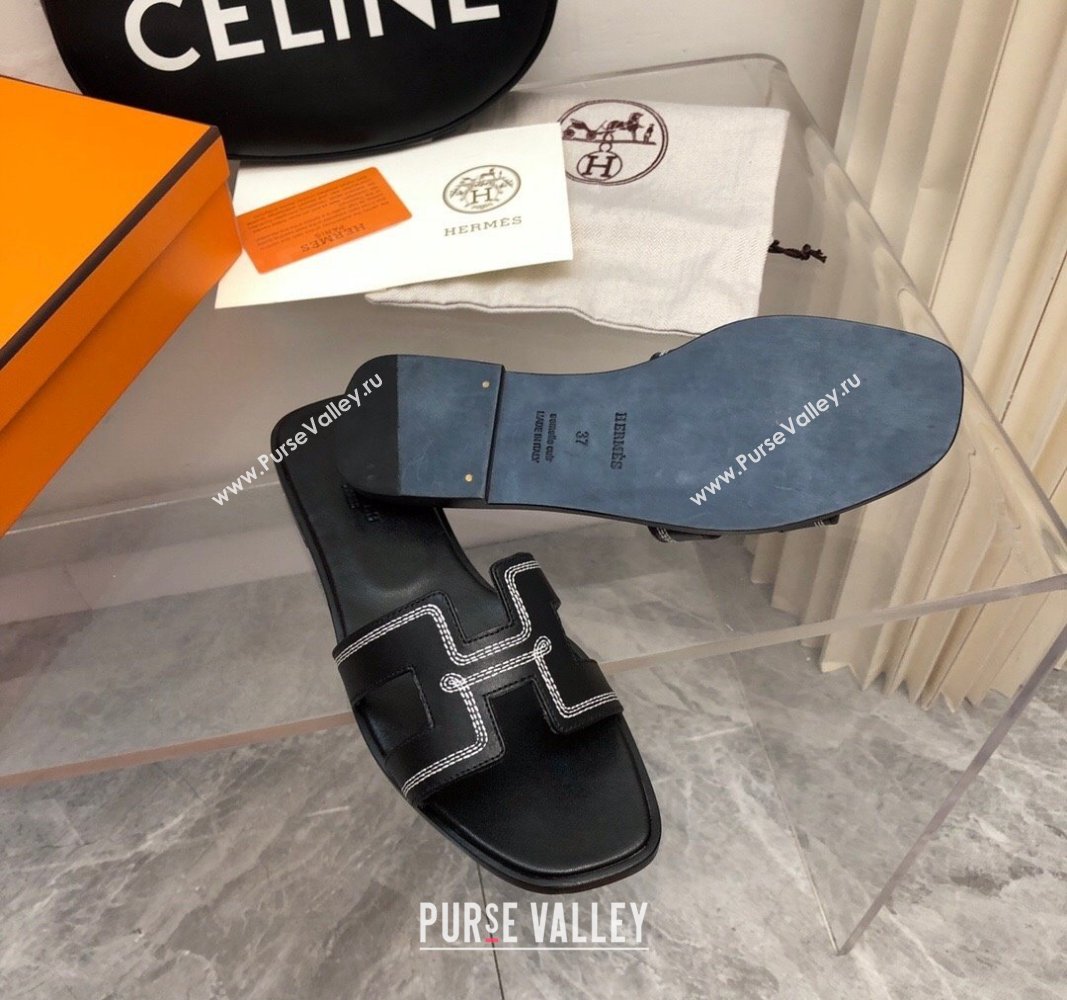 Hermes Classic Oran Flat Slide Sandals in Calfskin with Stripes Embroidery Black 2024 (MD-240327004)