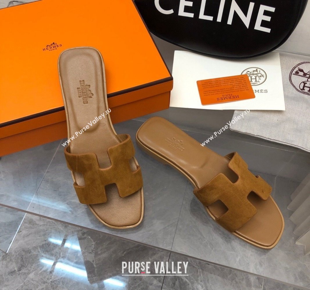 Hermes Classic Oran Flat Slide Sandals in Suede Brown 2024 032702 (MD-240327008)