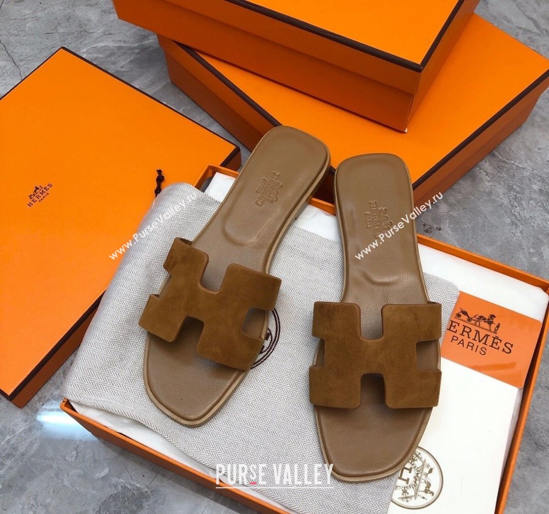 Hermes Classic Oran Flat Slide Sandals in Suede Brown 2024 032702 (MD-240327008)