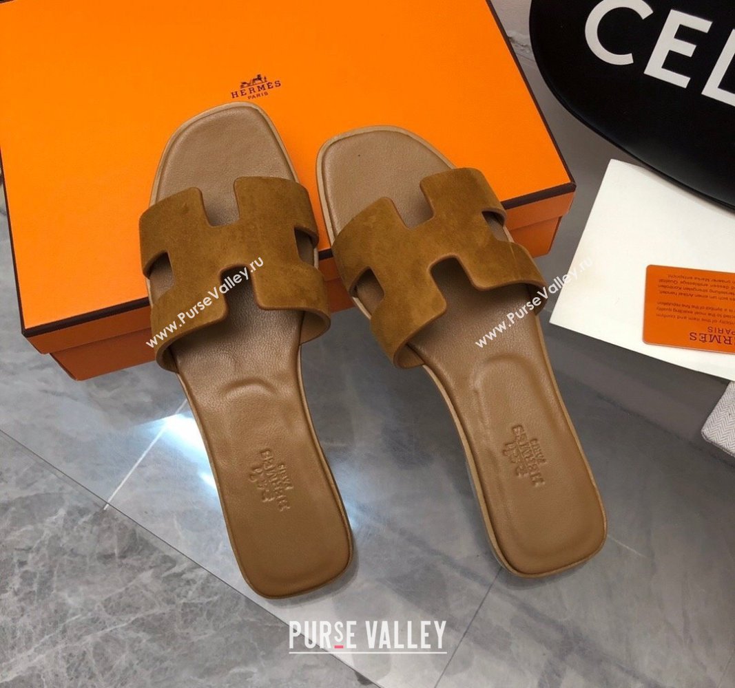 Hermes Classic Oran Flat Slide Sandals in Suede Brown 2024 032702 (MD-240327008)