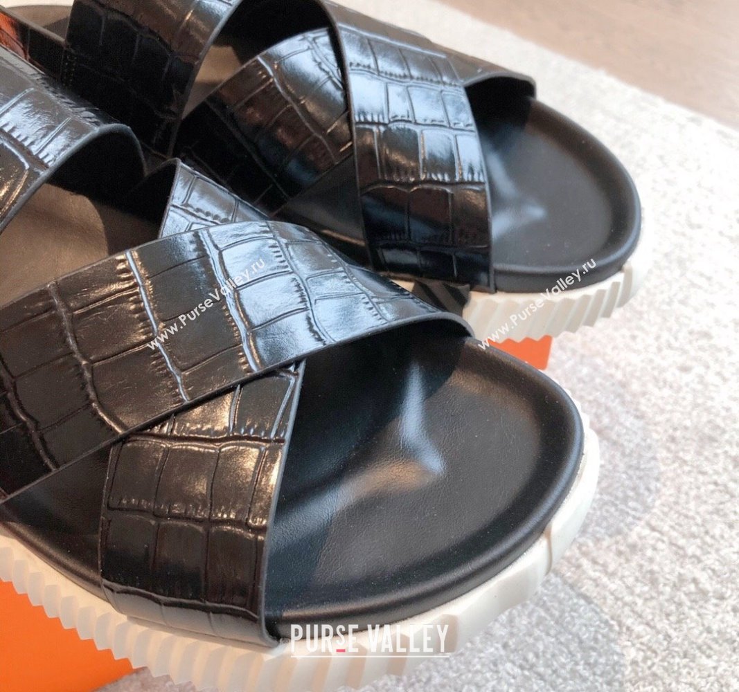 Hermes Electric Sandals in Stone Embossed Calfskin Black 2024 (MD-240326098)