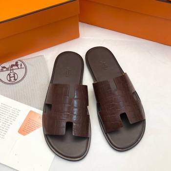 Hermes Mens Classic Izmir Flat Slide Sandals in Crocodile Embossed Leather Brown 2024 NO.18 (MD-240327014)