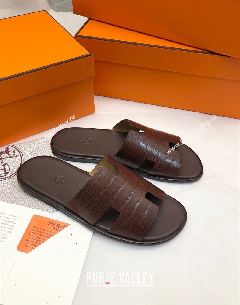 Hermes Mens Classic Izmir Flat Slide Sandals in Crocodile Embossed Leather Brown 2024 NO.18 (MD-240327014)