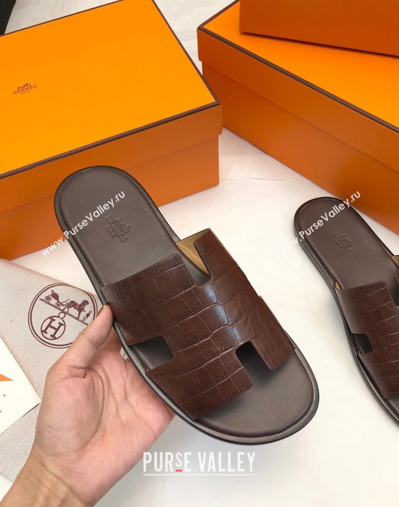 Hermes Mens Classic Izmir Flat Slide Sandals in Crocodile Embossed Leather Brown 2024 NO.18 (MD-240327014)