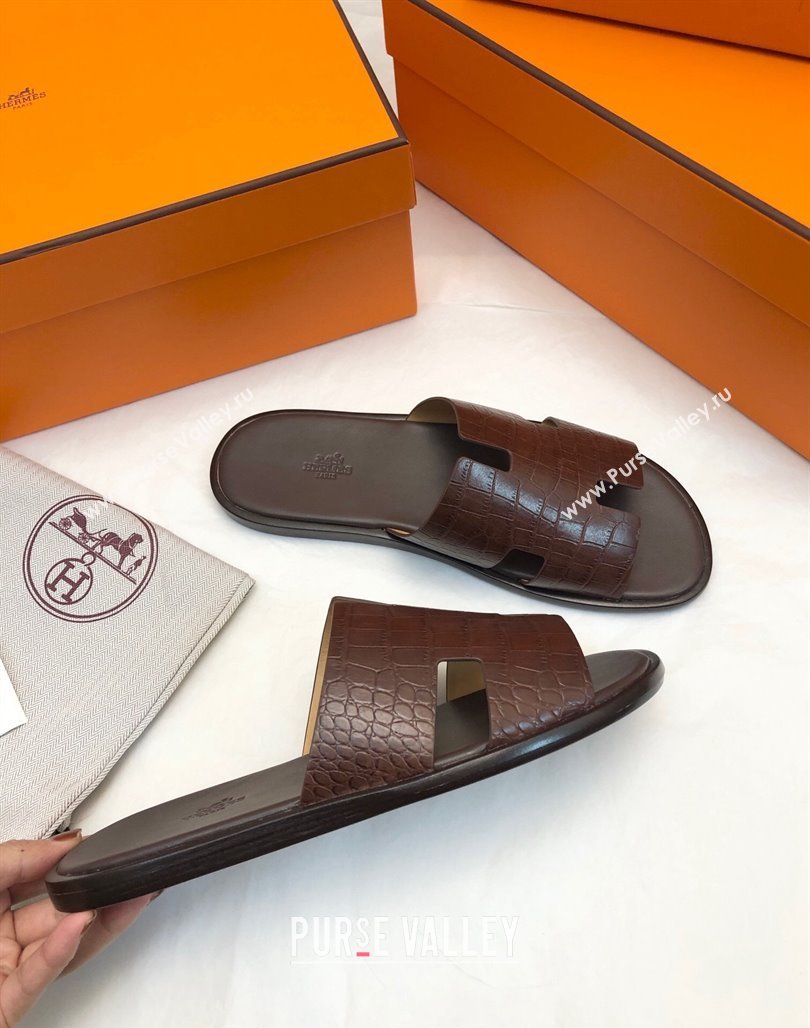 Hermes Mens Classic Izmir Flat Slide Sandals in Crocodile Embossed Leather Brown 2024 NO.18 (MD-240327014)