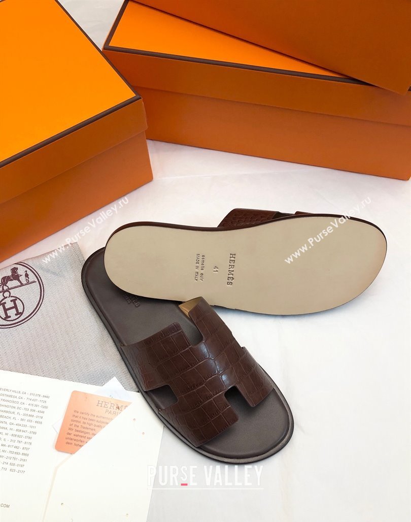 Hermes Mens Classic Izmir Flat Slide Sandals in Crocodile Embossed Leather Brown 2024 NO.18 (MD-240327014)