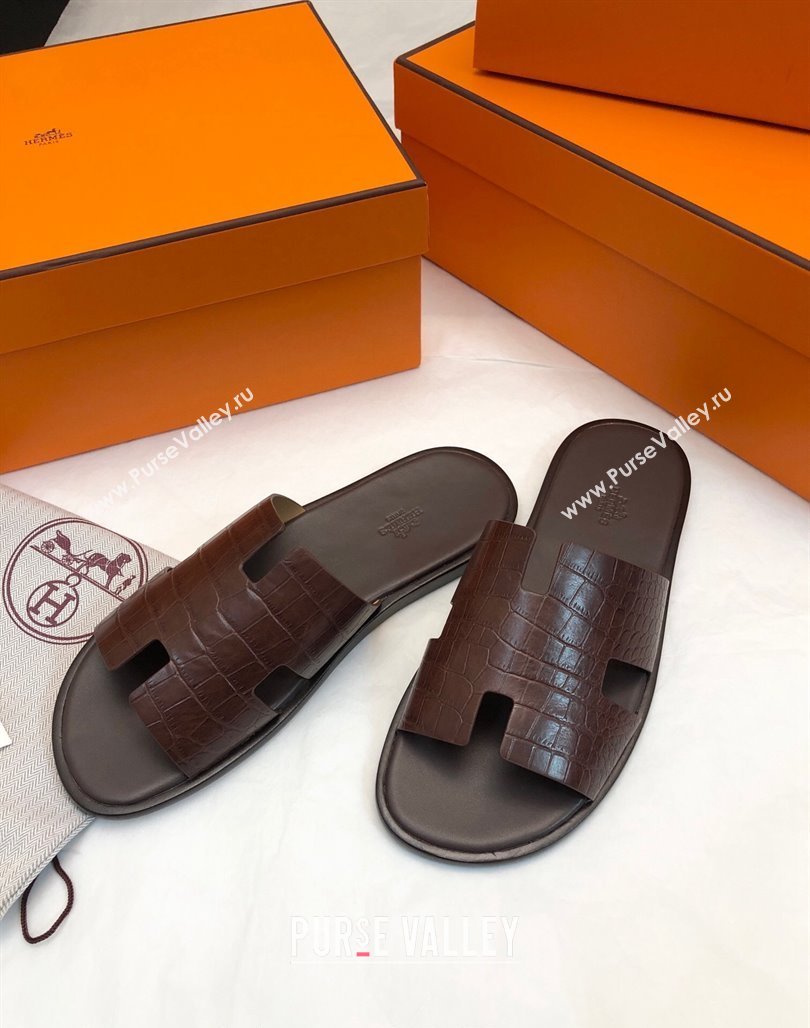 Hermes Mens Classic Izmir Flat Slide Sandals in Crocodile Embossed Leather Brown 2024 NO.18 (MD-240327014)