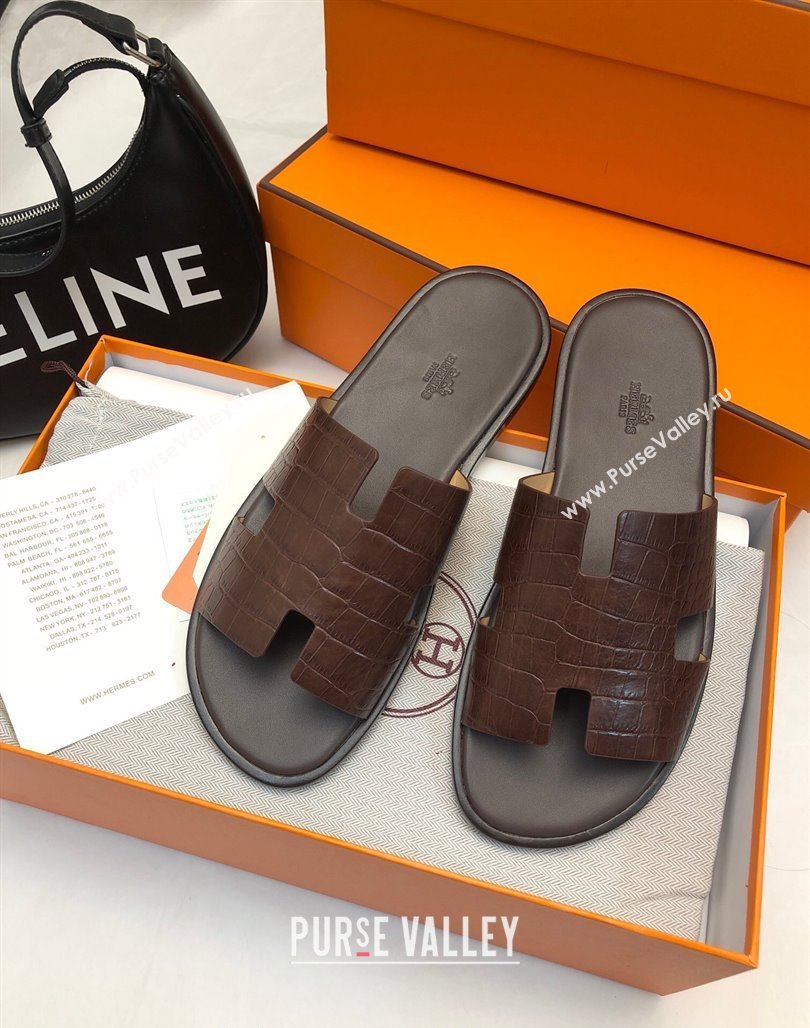 Hermes Mens Classic Izmir Flat Slide Sandals in Crocodile Embossed Leather Brown 2024 NO.18 (MD-240327014)