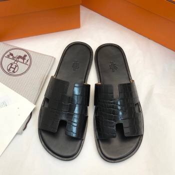 Hermes Mens Classic Izmir Flat Slide Sandals in Crocodile Embossed Leather Black 2024 NO.16 (MD-240327016)