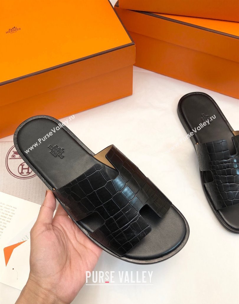 Hermes Mens Classic Izmir Flat Slide Sandals in Crocodile Embossed Leather Black 2024 NO.16 (MD-240327016)