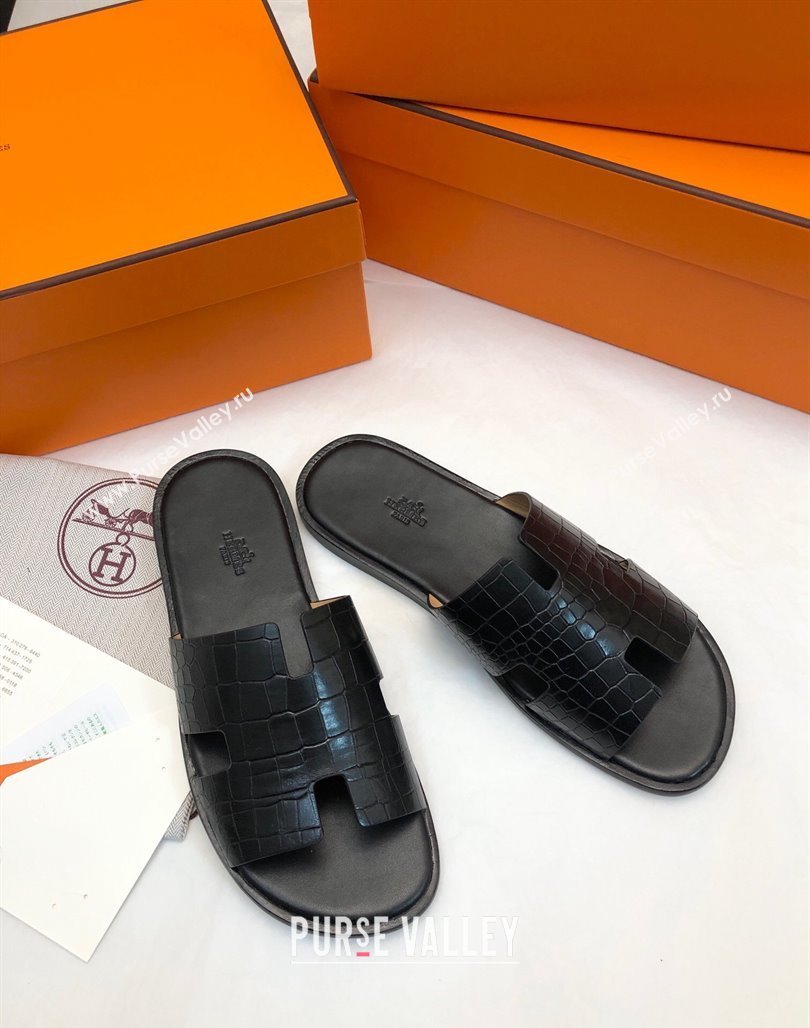 Hermes Mens Classic Izmir Flat Slide Sandals in Crocodile Embossed Leather Black 2024 NO.16 (MD-240327016)