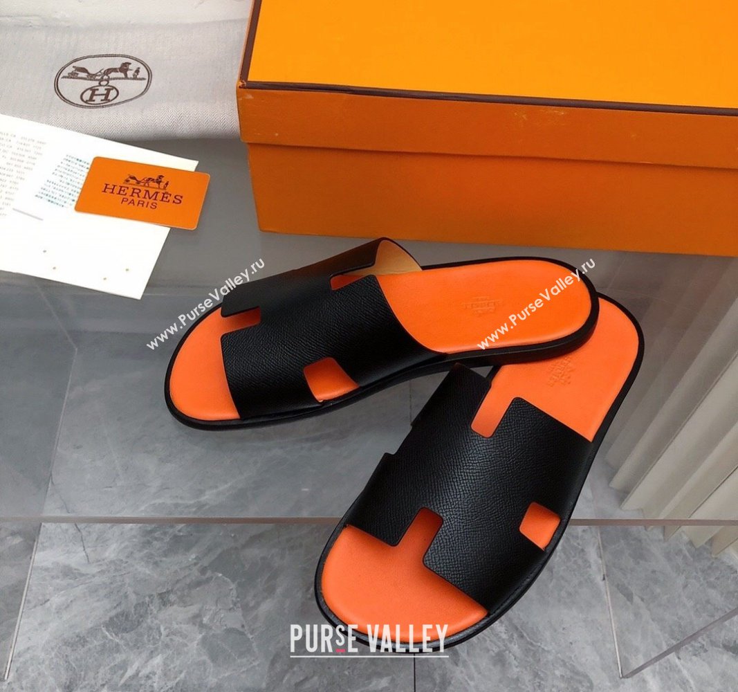 Hermes Mens Classic Izmir Flat Slide Sandals in Palm-Grained Leather Black/Orange 2024 NO.15 (MD-240327017)