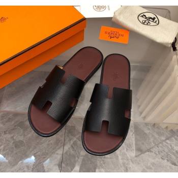 Hermes Mens Classic Izmir Flat Slide Sandals in Palm-Grained Leather Black/Brown 2024 NO.12 (MD-240327020)