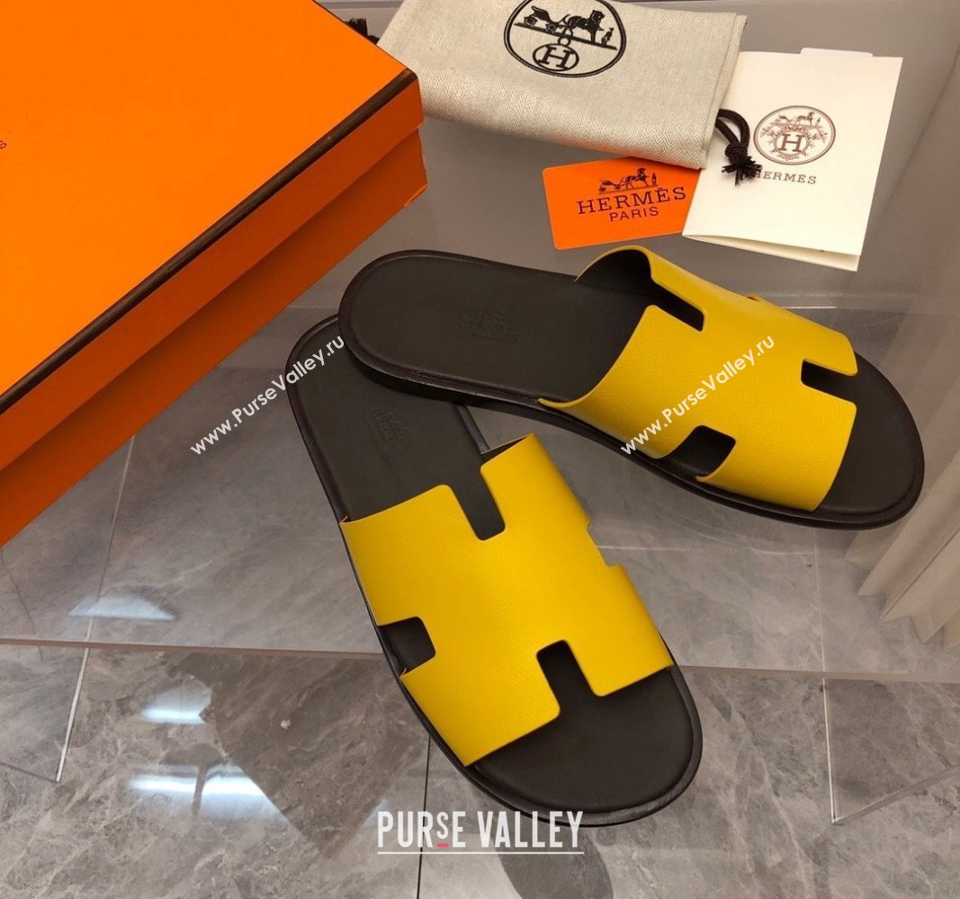 Hermes Mens Classic Izmir Flat Slide Sandals in Palm-Grained Leather Yellow 2024 NO.09 (MD-240327023)