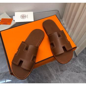 Hermes Mens Classic Izmir Flat Slide Sandals in Calfskin with Stitching Brown 2024 NO.05 (MD-240327027)