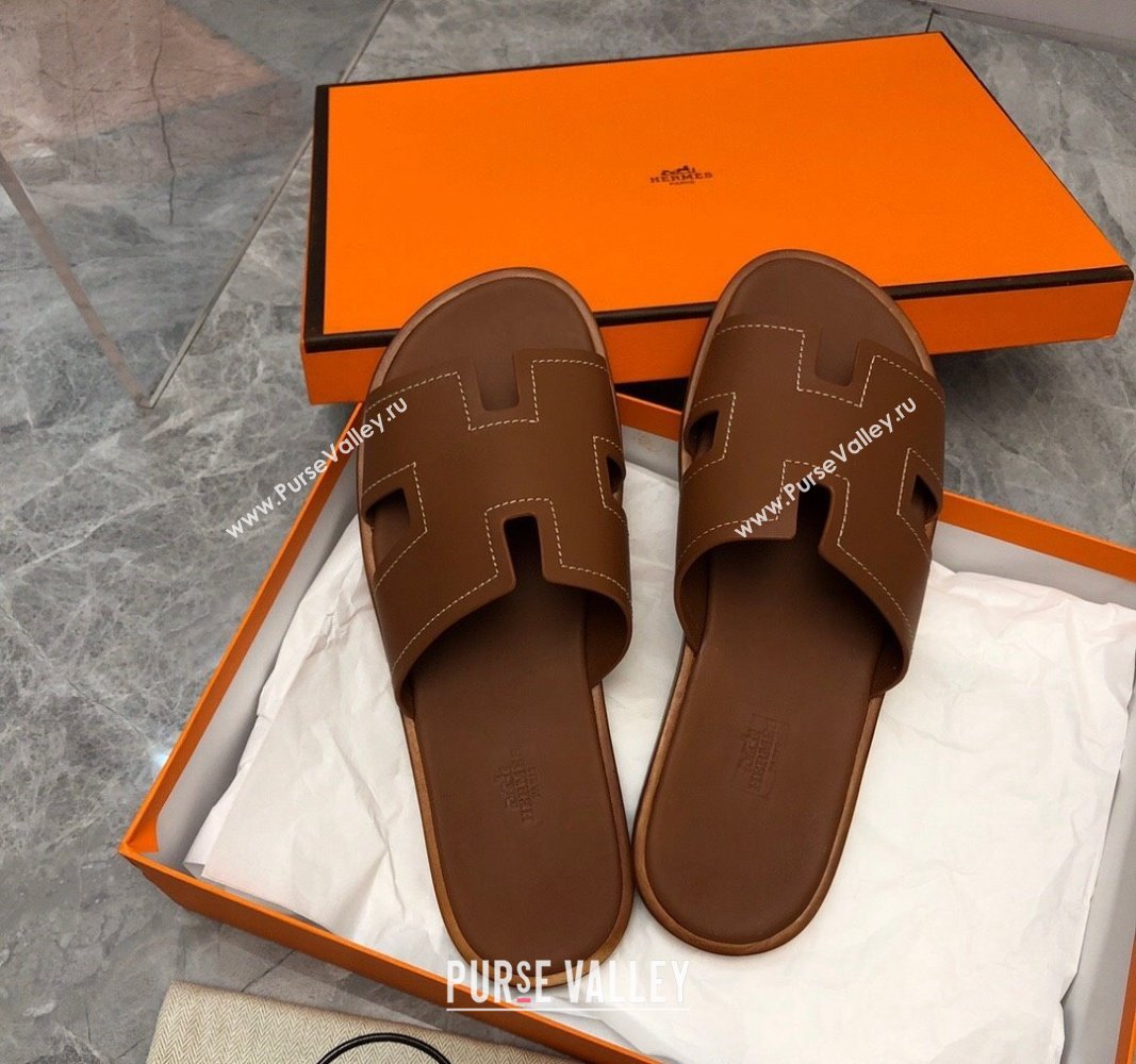 Hermes Mens Classic Izmir Flat Slide Sandals in Calfskin with Stitching Brown 2024 NO.05 (MD-240327027)