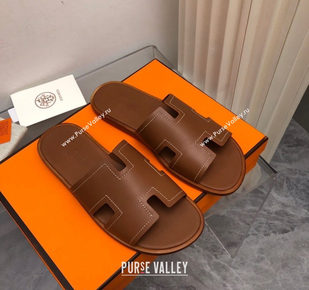 Hermes Mens Classic Izmir Flat Slide Sandals in Calfskin with Stitching Brown 2024 NO.05 (MD-240327027)