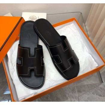 Hermes Mens Classic Izmir Flat Slide Sandals in Calfskin with Stitching Black 2024 NO.04 (MD-240327028)