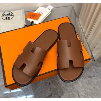 Hermes Mens Classic Izmir Flat Slide Sandals in Smooth Leather Brown 2024 NO.03 (MD-240327029)