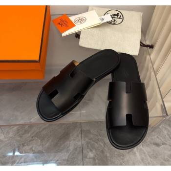 Hermes Mens Classic Izmir Flat Slide Sandals in Smooth Leather Black 2024 NO.01 (MD-240327031)