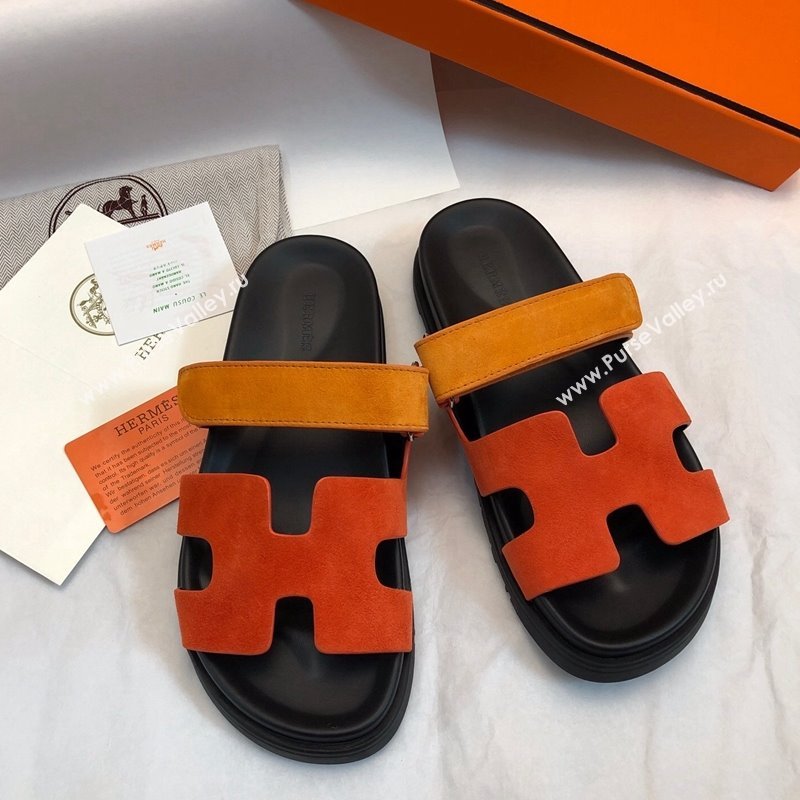 Hermes Chypre Flat Sandals in Suede Orange/Yellow 2024 0327 (MD-240327033)