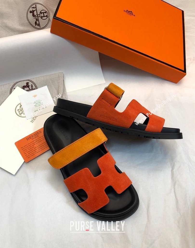 Hermes Chypre Flat Sandals in Suede Orange/Yellow 2024 0327 (MD-240327033)