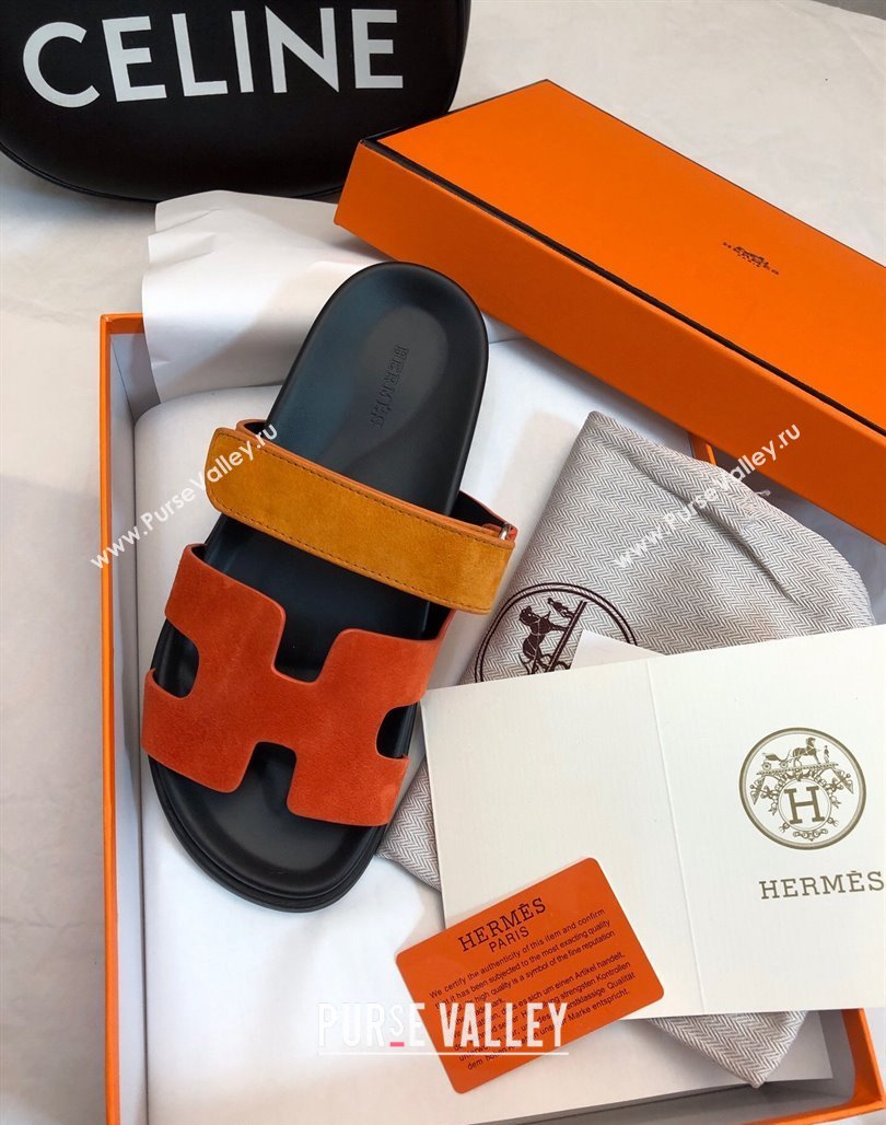 Hermes Chypre Flat Sandals in Suede Orange/Yellow 2024 0327 (MD-240327033)