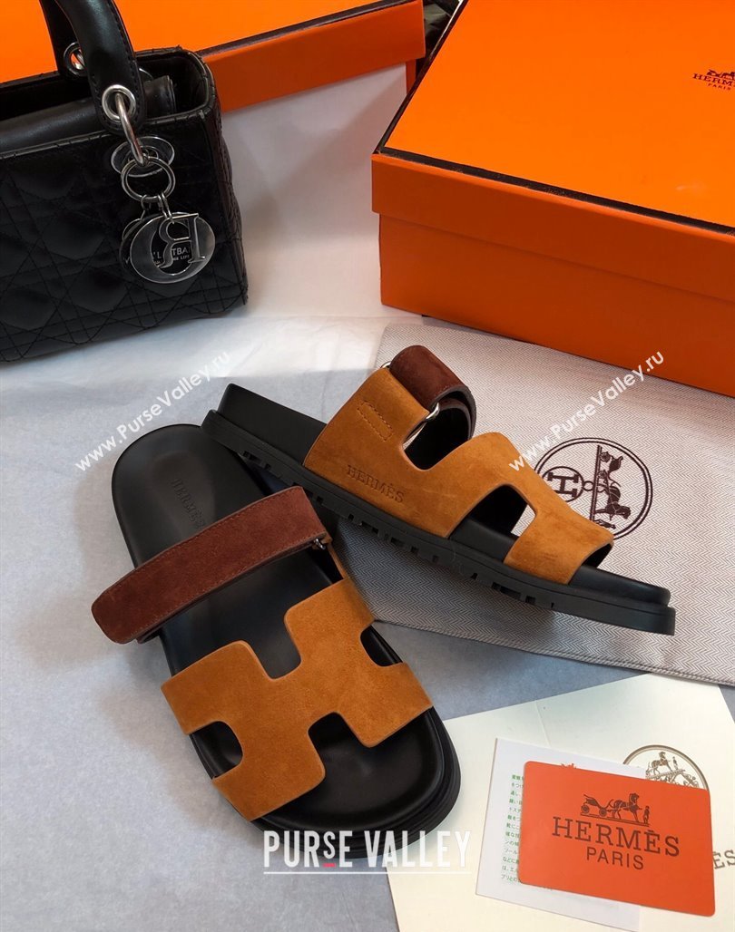 Hermes Chypre Flat Sandals in Suede Yellow/Brown 2024 0327 (MD-240327034)