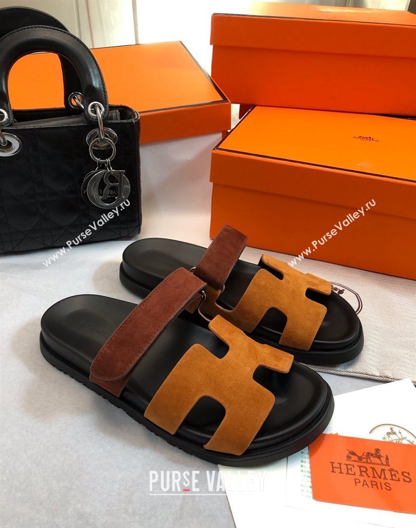 Hermes Chypre Flat Sandals in Suede Yellow/Brown 2024 0327 (MD-240327034)