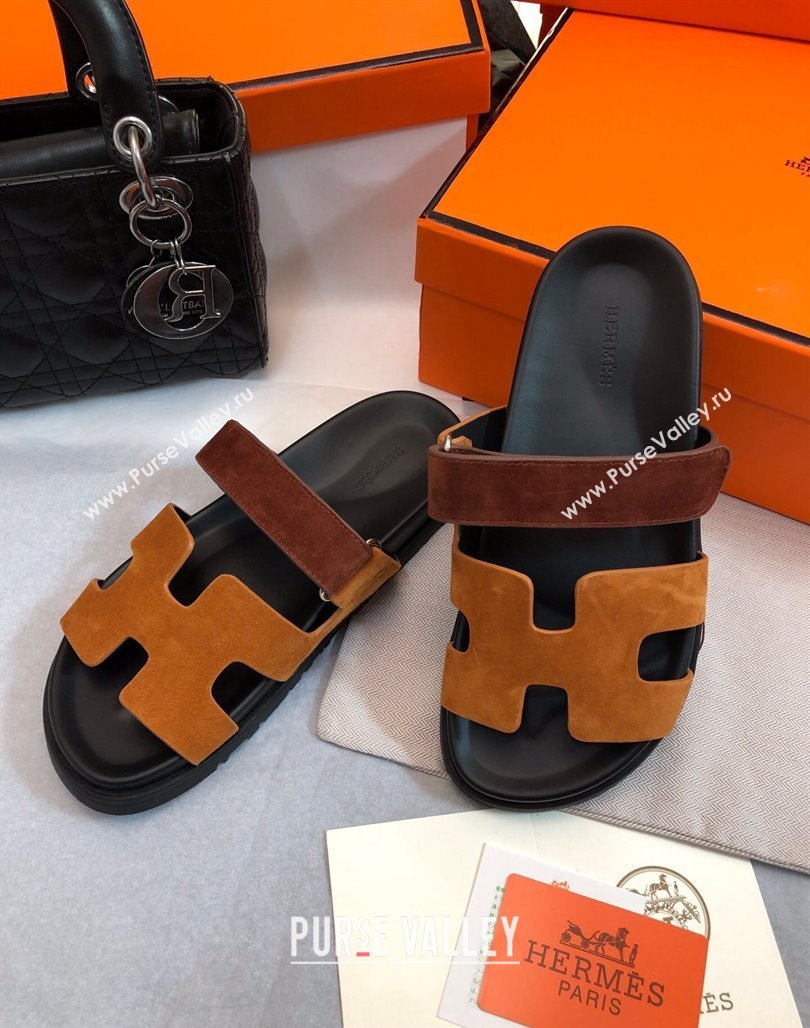 Hermes Chypre Flat Sandals in Suede Yellow/Brown 2024 0327 (MD-240327034)